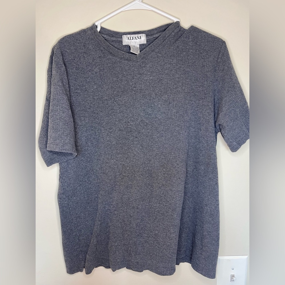 Alfani Women’s MD Knit Gray Cotton Blouse V-Neck T-Shirt Neutral Minimalist Top